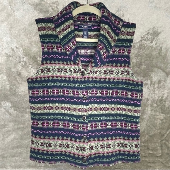 Chaps Denim Fair Isle Multi-Color Kinit Pattern Button Front Sweater Vest Medium - Picture 1 of 6